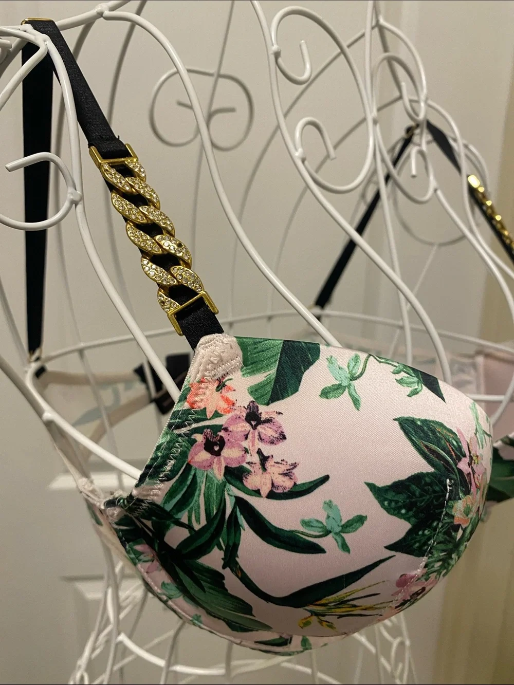 Victoria's Secret Pink Floral Push-Up Bra with Gold Chain Straps - Picture 3 of 6